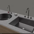 Black Double Bowl Kitchen Sink with Silver Faucets on Grey Speckled Countertop