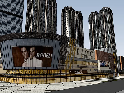 Modern Shopping Mall Exterior With High Rise Buildings Large Billboard Featuring ROBELI Brand Retail Spaces 3d model