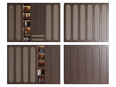 Modern Brown Wooden Wardrobe Interior Design With Lattice Doors Open Shelves And Lighting 3d model