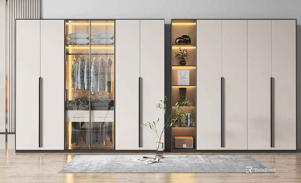 Modern Wardrobe Interior Design With Glass Doors Hanging Area And Storage Shelves 3d model 