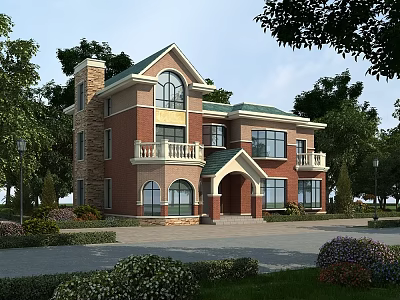 Detached Villa Featuring Red Brick Exterior Green Roof Arched Porch And Lush Garden With Trees 3d model