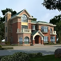 Detached Villa Featuring Red Brick Exterior Green Roof Arched Porch And Lush Garden With Trees