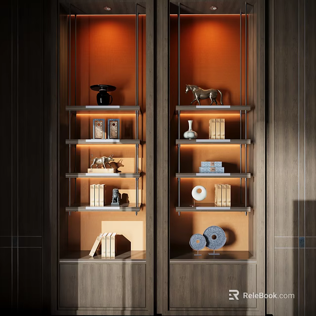 Modern Wooden Bookcase With Metal Frame Books And Decorative Figurines On Shelves 3d model 