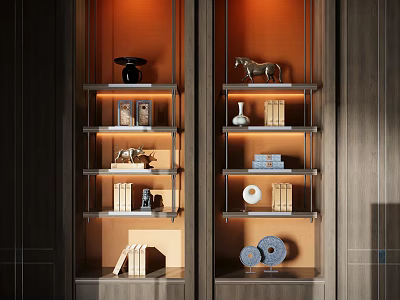 Modern Wooden Bookcase With Metal Frame Books And Decorative Figurines On Shelves 3d model
