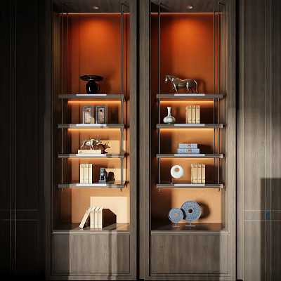 Modern Wooden Bookcase With Metal Frame Books And Decorative Figurines On Shelves 3d model