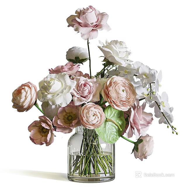Transparent Glass Vase With Pink And White Roses Ranunculus And Green Leaves 3d model 