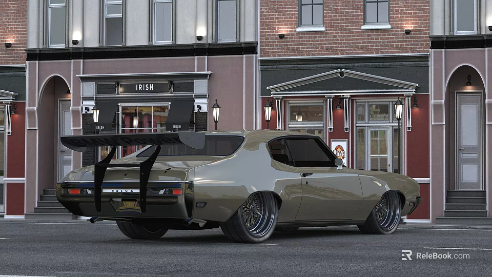 Vintage Beige Car With Black Rear Spoiler And Large Alloy Wheels On Urban Street 3d model 