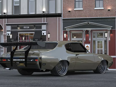 Vintage Beige Car With Black Rear Spoiler And Large Alloy Wheels On Urban Street 3d model