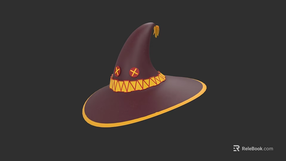 Maroon Witch Hat With Wide Brim Yellow Trim And Red Symbols On Band 3d model 