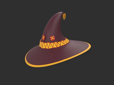 Maroon Witch Hat With Wide Brim Yellow Trim And Red Symbols On Band 3d model