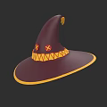 Maroon Witch Hat With Wide Brim Yellow Trim And Red Symbols On Band