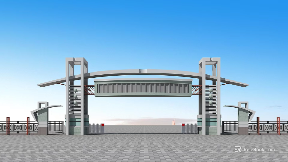 Modern Entrance Gate Design With Pillars Beam And Glass Elements Against Blue Sky Backdrop 3d model 