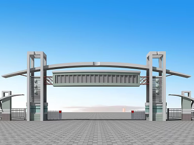 Modern Entrance Gate Design With Pillars Beam And Glass Elements Against Blue Sky Backdrop 3d model
