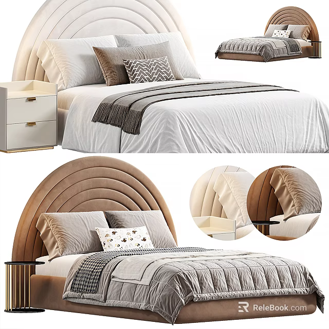 Stylish Kids Bed With Curved Upholstered Headboard Soft Pillows And Striped Bedspread 3d model 