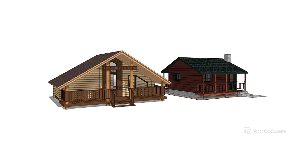Brown And Red Log Cabins With Porch Roof Chimney And Wooden Windows 3d model 