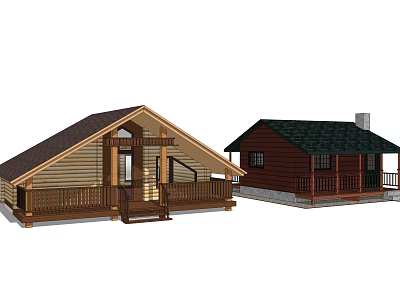Brown And Red Log Cabins With Porch Roof Chimney And Wooden Windows 3d model