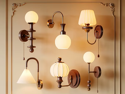 Various Design Decorative Wall Lamps With Spherical Striped Conical Shades And Metal Bases 3d model