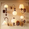 Various Design Decorative Wall Lamps With Spherical Striped Conical Shades And Metal Bases