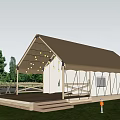 Modern Glamping Tent With Beige Roof White Walls Wooden Deck Hanging Bulbs Trees And Grass