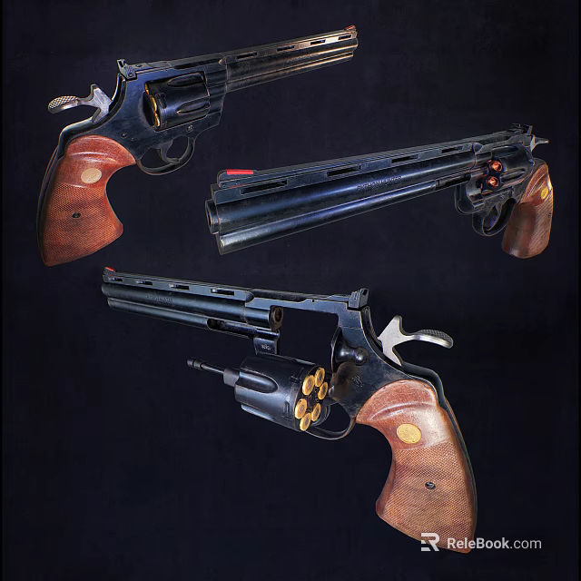 Classic Revolvers Featuring Wooden Grips And Black Metal Bodies Displayed In Multiple Angles 3d model 