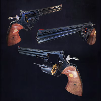 Classic Revolvers Featuring Wooden Grips And Black Metal Bodies Displayed In Multiple Angles 3d model