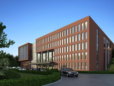 Modern Red Brick School Building With Many Windows And Greenery Around Lawn And Trees 3d model