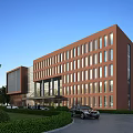 Modern Red Brick School Building With Many Windows And Greenery Around Lawn And Trees