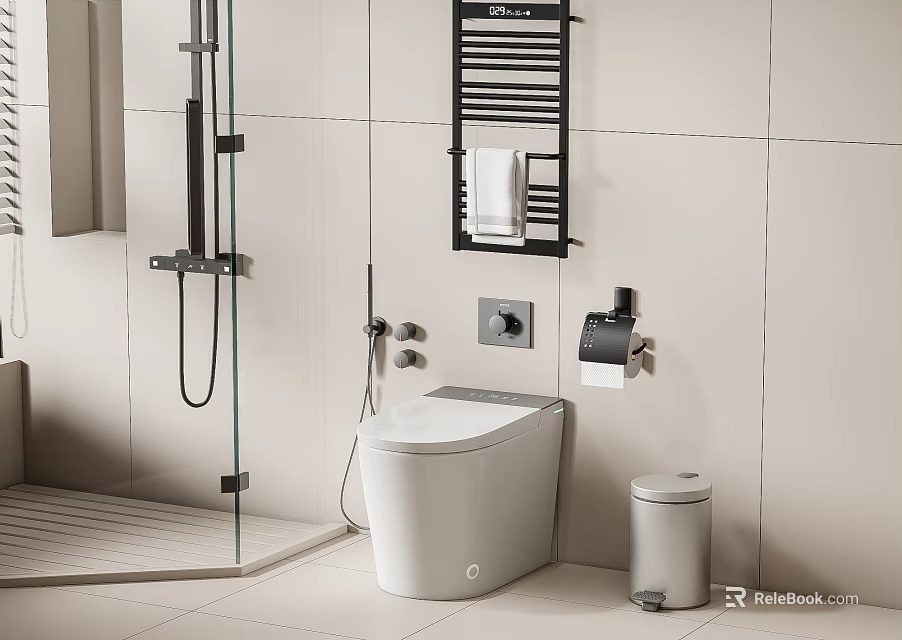 Modern Bathroom Toilet With Light Tile Walls Toilet Paper Holder Towel Rack And Trash Bin 3d model 