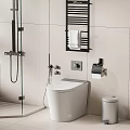 Modern Bathroom Toilet With Light Tile Walls Toilet Paper Holder Towel Rack And Trash Bin