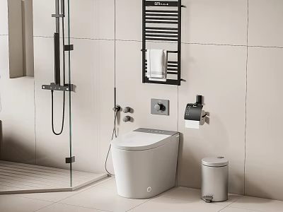 Modern Bathroom Toilet With Light Tile Walls Toilet Paper Holder Towel Rack And Trash Bin 3d model