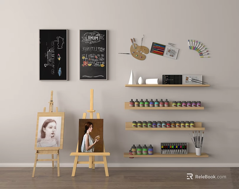 Open Studio Art Supplies With Easels Paintings Palette Colored Pencils And Paint Cans 3d model 