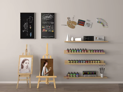 Open Studio Art Supplies With Easels Paintings Palette Colored Pencils And Paint Cans 3d model