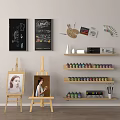 Open Studio Art Supplies With Easels Paintings Palette Colored Pencils And Paint Cans
