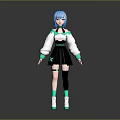 3D Humanoid Anime Character Design With Blue Hair White Top Black Skirt Green Accents