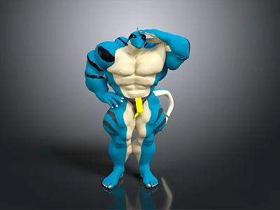 Blue And White Muscular Creature Character With Tail In Hand On Forehead Pose 3d model