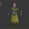 3D Ethnic Character Model In Traditional Yellow Dress With Colorful Geometric Patterns Holding Stick