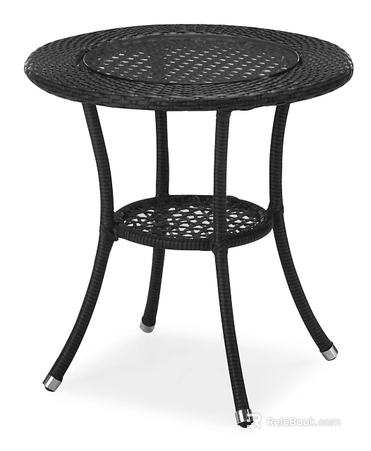 Black Woven Rattan Coffee Table With Round Top Openwork Lower Shelf And Silver Foot Pads 3d model 