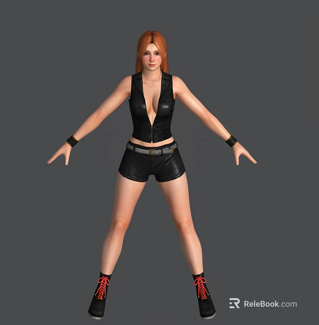 Red Haired Woman Standing In Black Vest And Shorts With Belt Bracelets And Red Shoes 3d model 