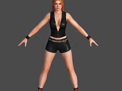 Red Haired Woman Standing In Black Vest And Shorts With Belt Bracelets And Red Shoes 3d model