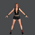 Red Haired Woman Standing In Black Vest And Shorts With Belt Bracelets And Red Shoes