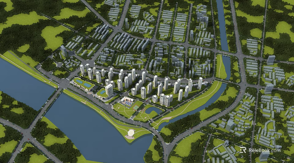 Birds Eye View Urban Planning With High Rise Buildings Green Spaces River And Roads 3d model 