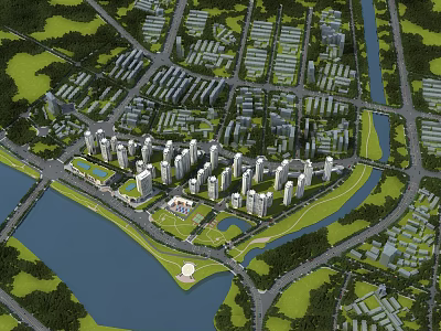 Birds Eye View Urban Planning With High Rise Buildings Green Spaces River And Roads 3d model