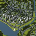 Birds Eye View Urban Planning With High Rise Buildings Green Spaces River And Roads