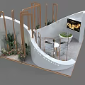 Modern Exhibition Booth Featuring Curved Structure Wooden Frames Green Plant Decorations And Reception Counter