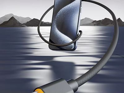 Smartphone With Charging Cable On Water Surface And Mountain Background 3d model