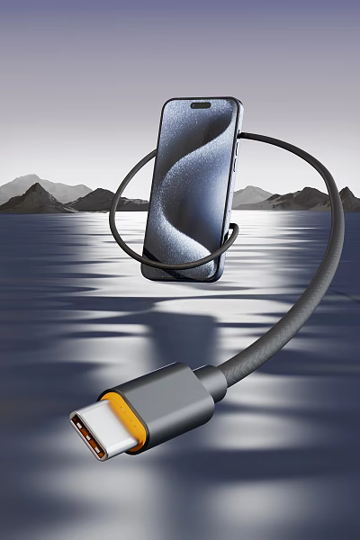 Smartphone With Charging Cable On Water Surface And Mountain Background 3d model