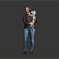 Woman Holding Small Dog in Maroon Top Blue Jeans and Brown Shoes Against Gray Background