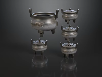 Traditional Metallic Ornamental Decoration Set With Carved Incense Burners And Three Legs 3d model