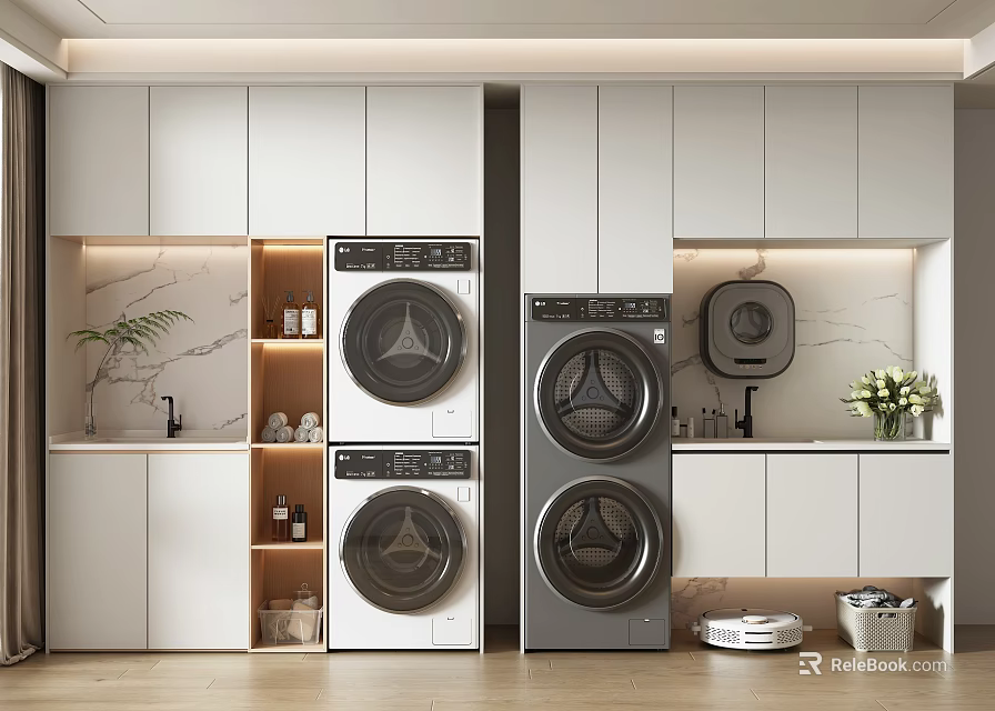 Modern White Bathroom Cabinet Rack With Marble Wall And Storage Design 3d model