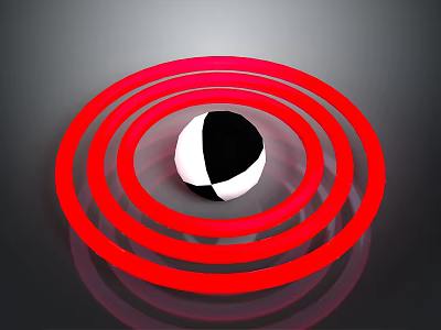 Red Concentric Rings Surrounding Black And White Sphere On Black Background 3d model
